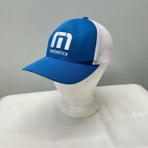 Travis Mathew white blue adjustable trucker baseball hat.